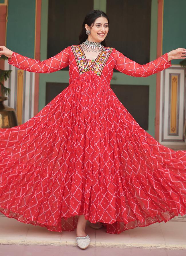 Faux Georgette Orange Festival Wear Bandhani Print Readymade Gown